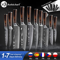 Noże kuchenne ze stali nierdzewnej 1-10 sztuk zestaw 7CR17 440C Laser Damascus japoński Santoku Cleaver krojenie Utility Chef nóż 1